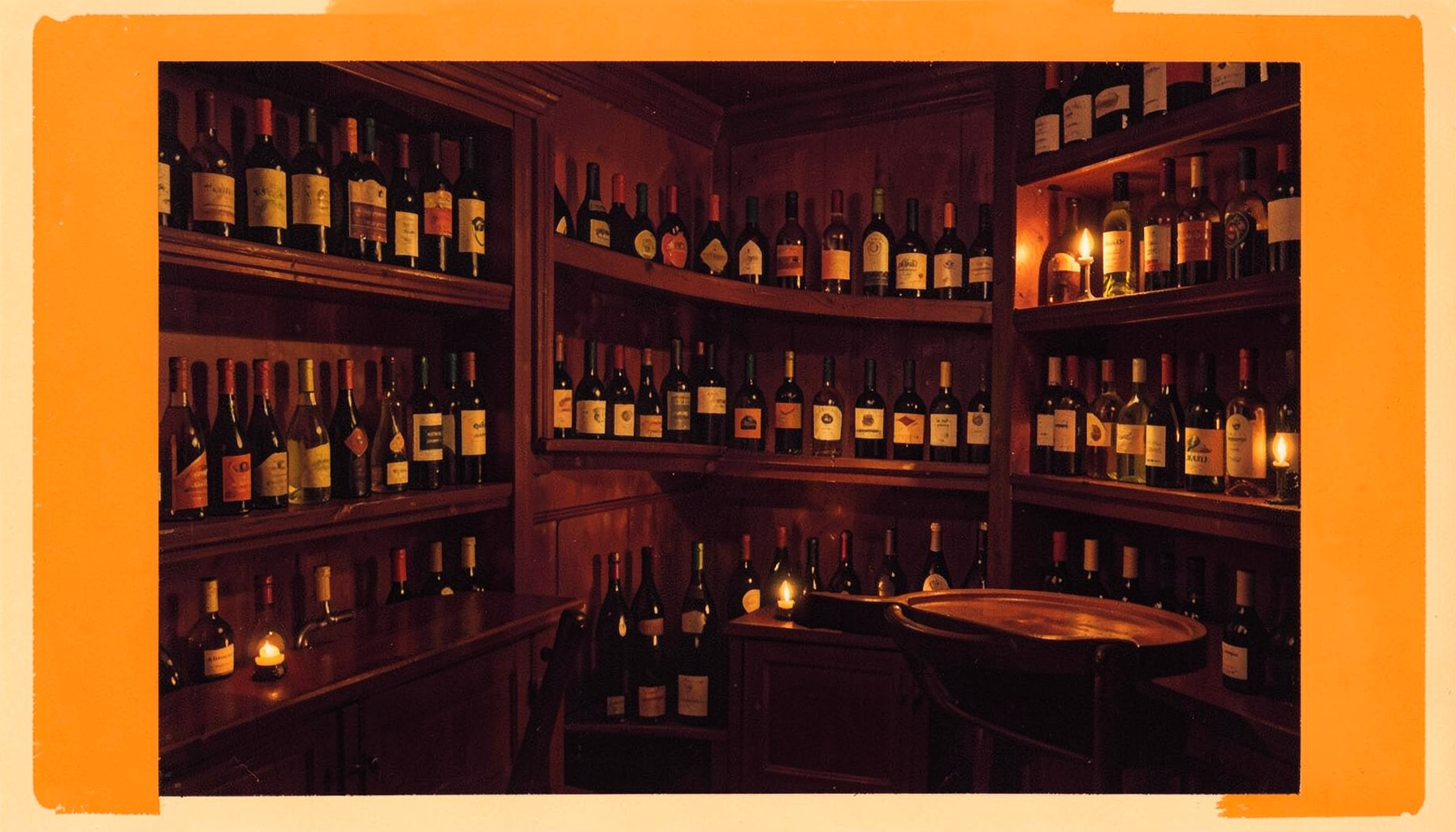 Matte gouache poster painting of a warm, dimly lit wine bar interior with rows of wine bottles on dark wooden shelves, deep burgundy walls, and soft golden candlelight creating an intimate mood