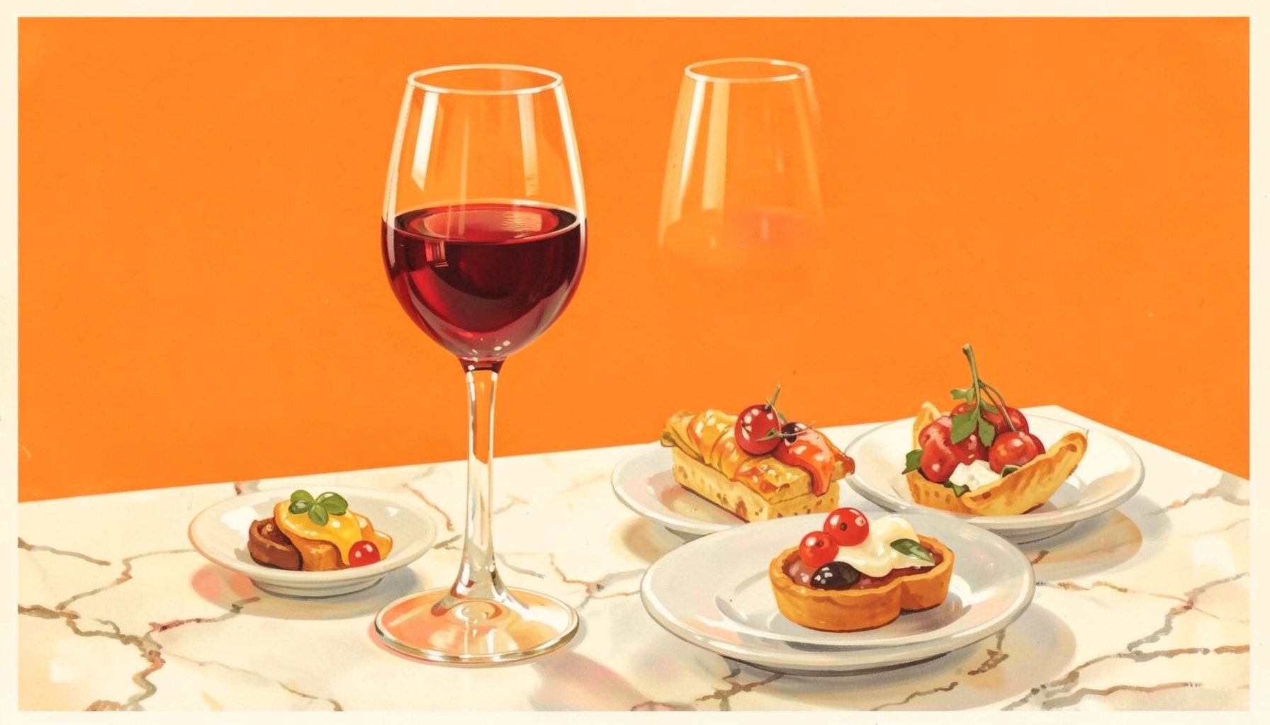 Matte gouache poster painting of elegant wine glasses and canapés on a marble surface, soft golden lighting, celebratory mood