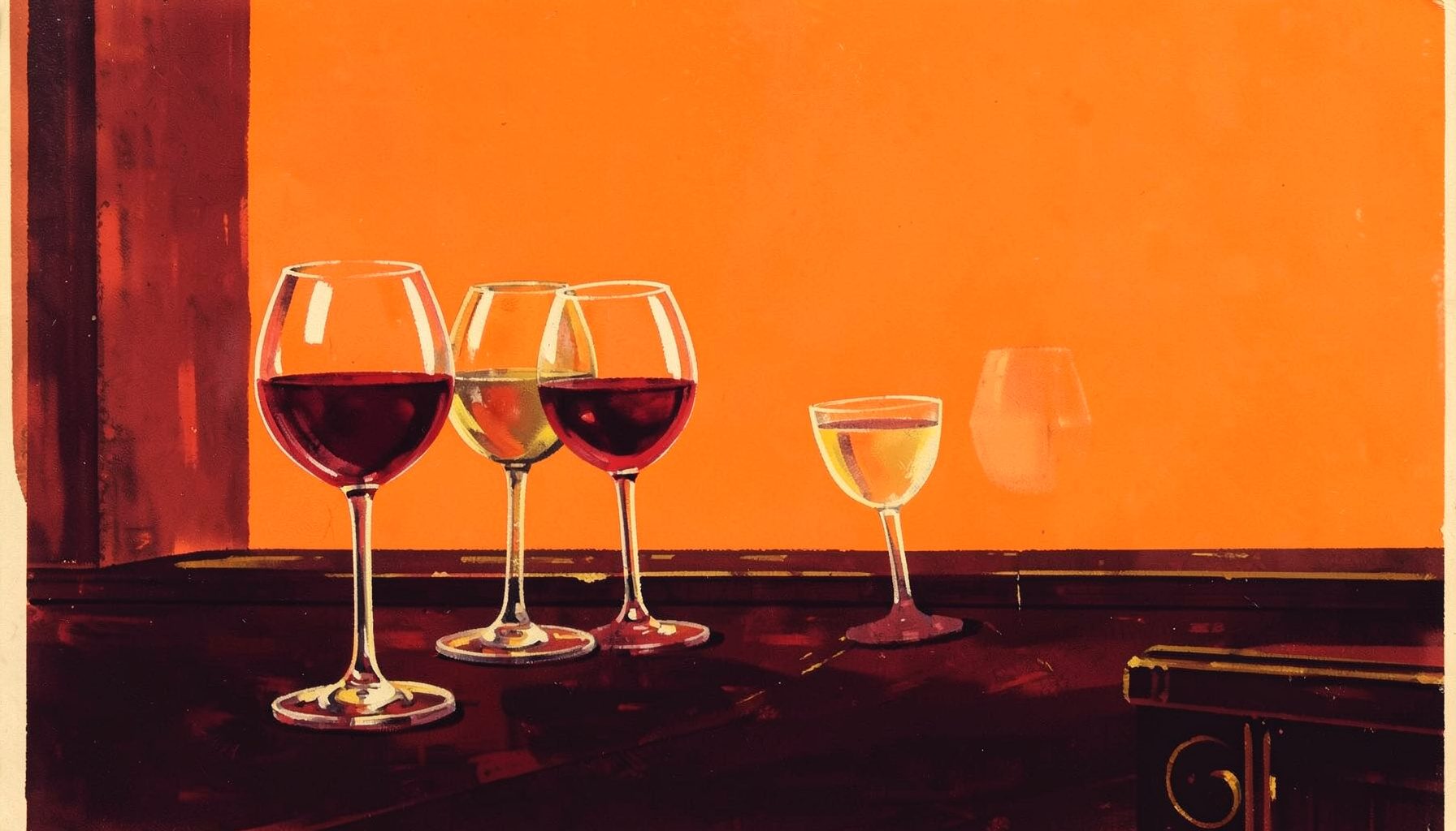 Matte gouache poster painting of a wine tasting scene with glasses of red and white wine on a dark wooden bar, rich burgundy and gold tones