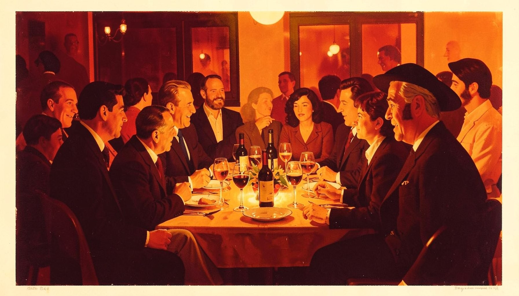 Matte gouache poster painting of people gathered around a wine table at an evening event, warm amber lighting, convivial atmosphere, deep burgundy and gold palette