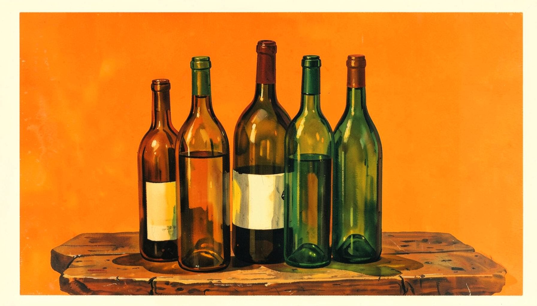 Matte gouache poster painting of assorted wine bottles arranged on a rustic wooden table, warm amber and deep green glass tones against a cream backdrop